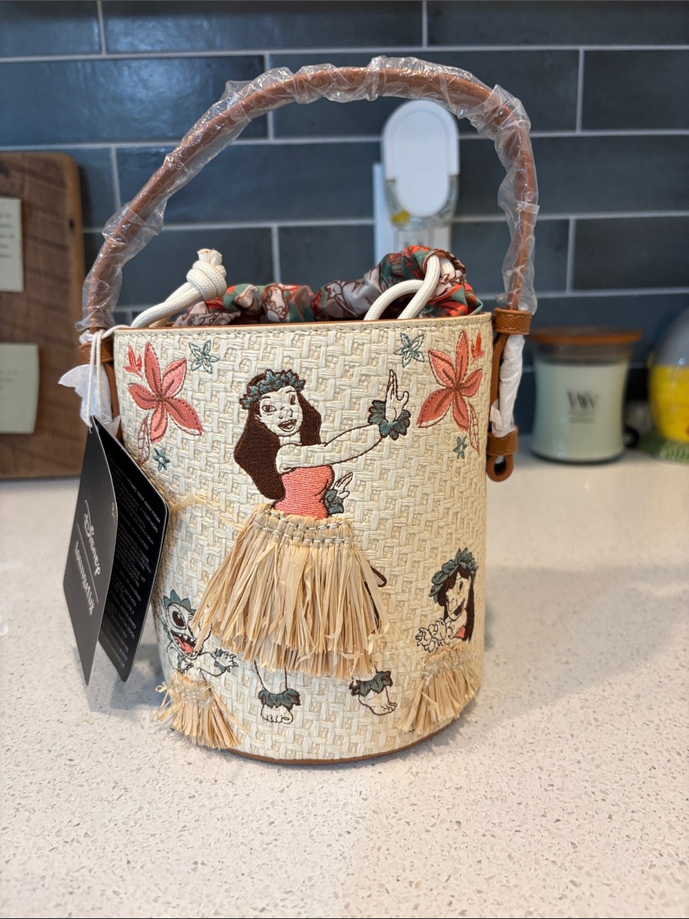 Embroidered Lilo and Stitch Raffia Bucket Mini Bag Loungefly NWT